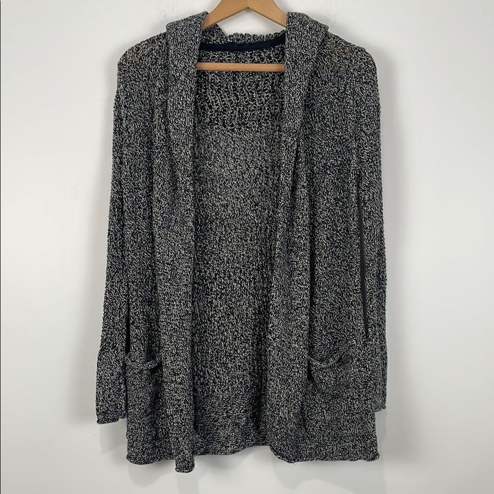 Eddie Bauer Linen Blend Cardigan Small Hooded Black Hip Length Pockets